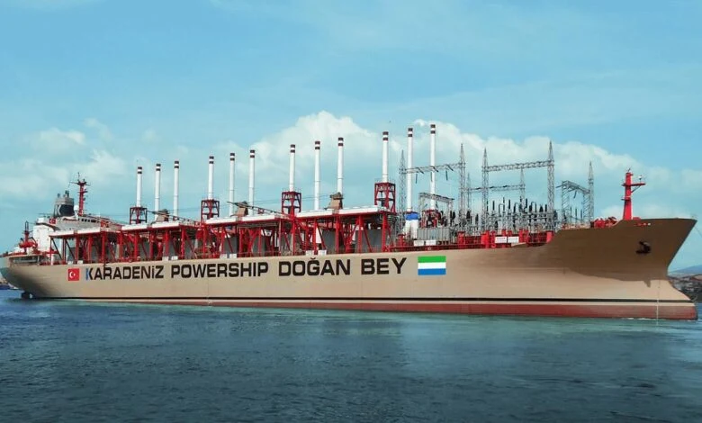 The image shows the Karadeniz Powership Doğan Bey, a floating power plant vessel directly relevant to the article about Karpowership and floating infrastructure.