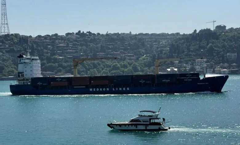 Clear news photograph showing the container ship Medkon Sia, which is directly mentioned in the article as being deployed by Jade Pacific Line.
