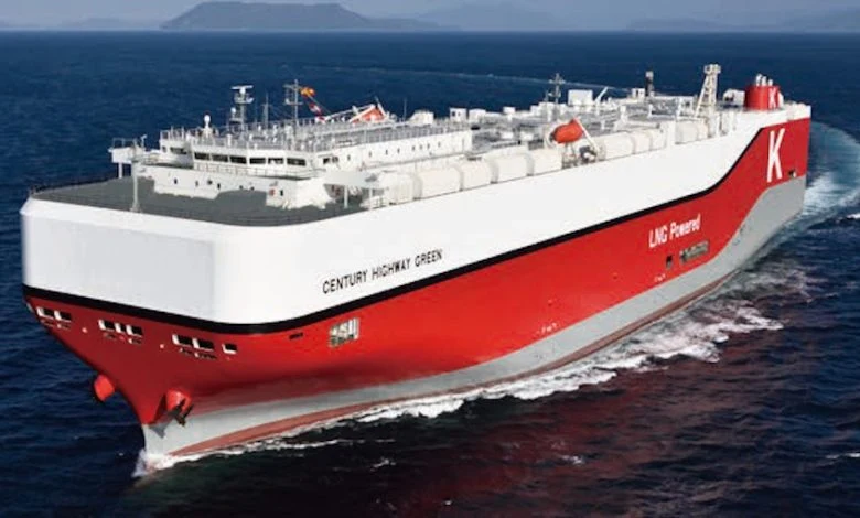 A clear photograph of the K Line car carrier vessel CENTURY HIGHWAY GREEN navigating at sea, relevant to the news article about Japanese shipping companies building car carrier ships.
